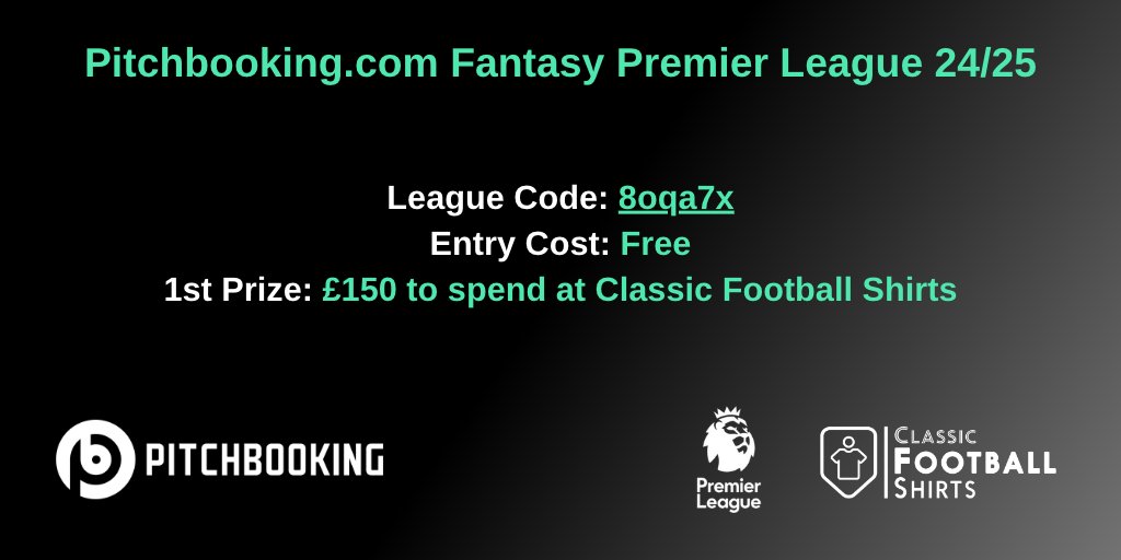 Pitchbooking (@pitchbooking) on Twitter photo Are you a Fantasy Football Pep Guardiola or Steve Bruce?
Join the official Pitchbooking League. We are teaming up with <a href="/classicshirts/">Classic Football Shirts</a> . The overall winner will win a jersey of their choice (Max £150).
Join our leage at fantasy.premierleague.com/leagues/auto-j…
League code: 8oqa7x
Good luck! Are you a Fantasy Football Pep Guardiola or Steve Bruce?
Join the official Pitchbooking League. We are teaming up with <a href="/classicshirts/">Classic Football Shirts</a> . The overall winner will win a jersey of their choice (Max £150).
Join our leage at fantasy.premierleague.com/leagues/auto-j…
League code: 8oqa7x
Good luck!