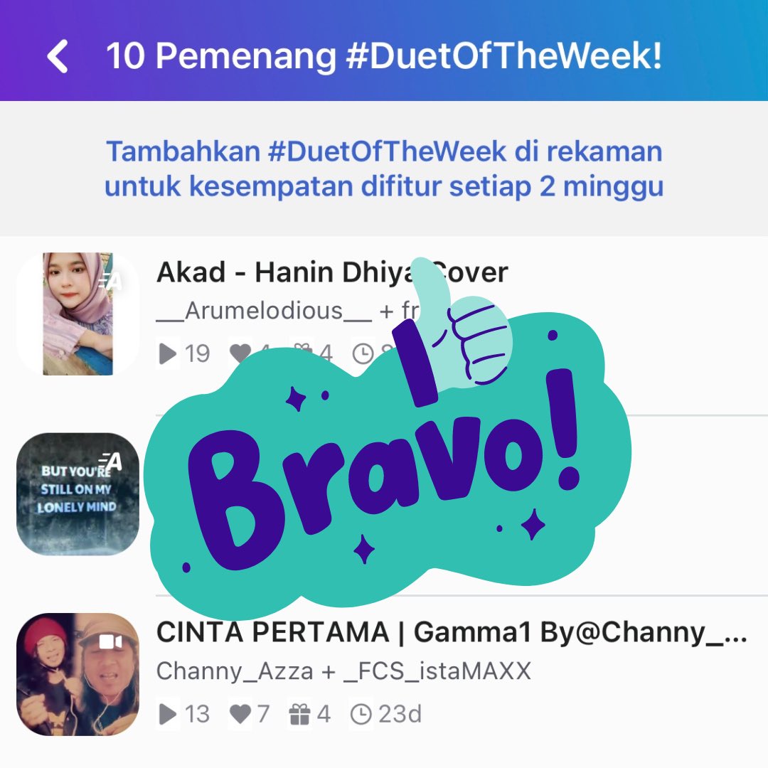 OfficialSmuleID's tweet photo. Selamat utk 10 PEMENANG #DuetOfTheWeek Smule Indonesia! 👏🏆 Klik di sini utk melihat semua Pemenang: https://t.co/3HnwiGW6ML , atau lihat di halaman Jelajah di Smule.

Mau jadi pemenang #DuetoftheWeek Indonesia? Pelajari caranya di sini: https://t.co/61SAe4FV28

#SmuleID #Smule https://t.co/RdupAwp6na
