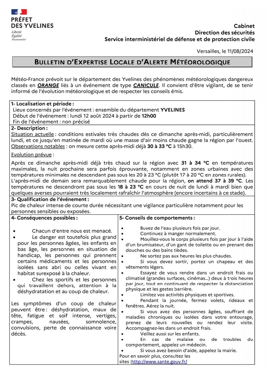 ATTENTION, bulletin d'alerte météo émis par le <a href="/Prefet78/">Préfet des Yvelines 🇫🇷</a> relatif à une vigilance météorologique de niveau orange 🟧 vague de chaleur à #Magny78 et l'ensemble du département <a href="/Les_Yvelines/">Les Yvelines</a>.
