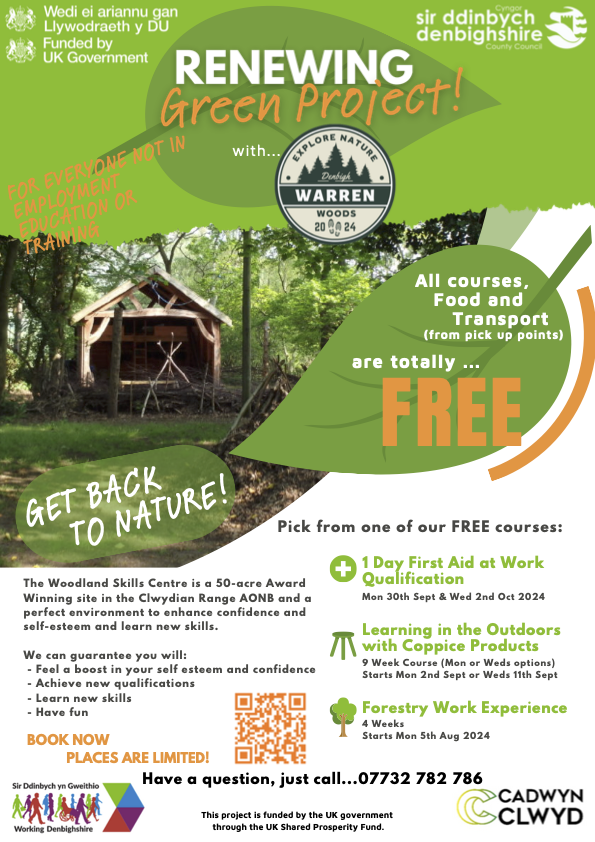 Bodfari2017's tweet photo. Warren Woods Adult Job Seeker Training Courses available at the Woodland Skills Centre, Bodfari.
Outdoor Coppiced products Course (9 weeks, 1 day a week).
1 Day First Aid Course.
@CadwynClwyd @CyngorSDd
@DenbighshireCC https://t.co/RmbpiL3N5w