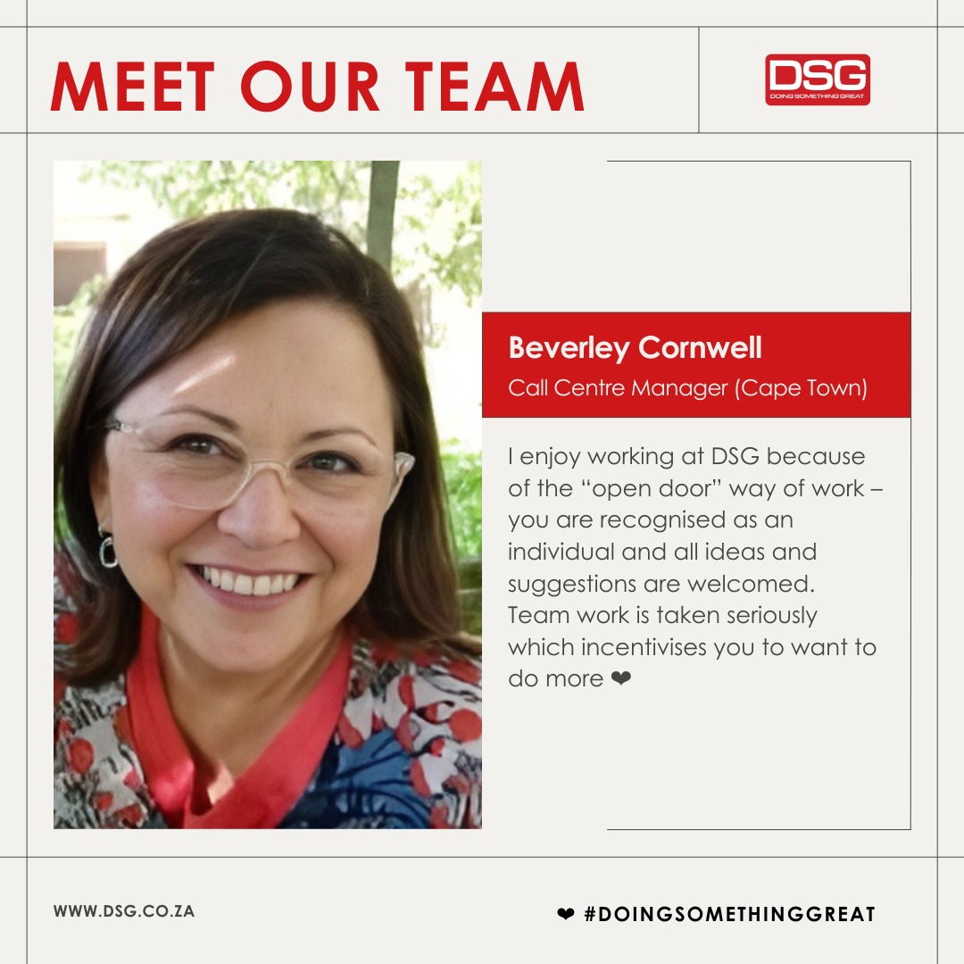 Meet the team 

Beverley Cornwell brings 20 years of customer service expertise, tackling tasks with enthusiasm and care.

❤️ #DoingSomethingGreat 
#Meettheteam #DSGExcellence 🌐🌟