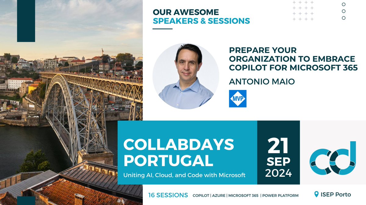 CollabDays Portugal (@collabdayspt) on Twitter photo Join us on September 21st for an insightful session with <a href="/AntonioMaio2/">Antonio Maio</a> on how Copilot for Microsoft 365 is revolutionizing work! π
Discover how AI and large language models provide personalized assistance.
π Register Now - collabdays.org/2024-portugal
#CollabDaysPorto #Copilot #AI Join us on September 21st for an insightful session with <a href="/AntonioMaio2/">Antonio Maio</a> on how Copilot for Microsoft 365 is revolutionizing work! π
Discover how AI and large language models provide personalized assistance.
π Register Now - collabdays.org/2024-portugal
#CollabDaysPorto #Copilot #AI