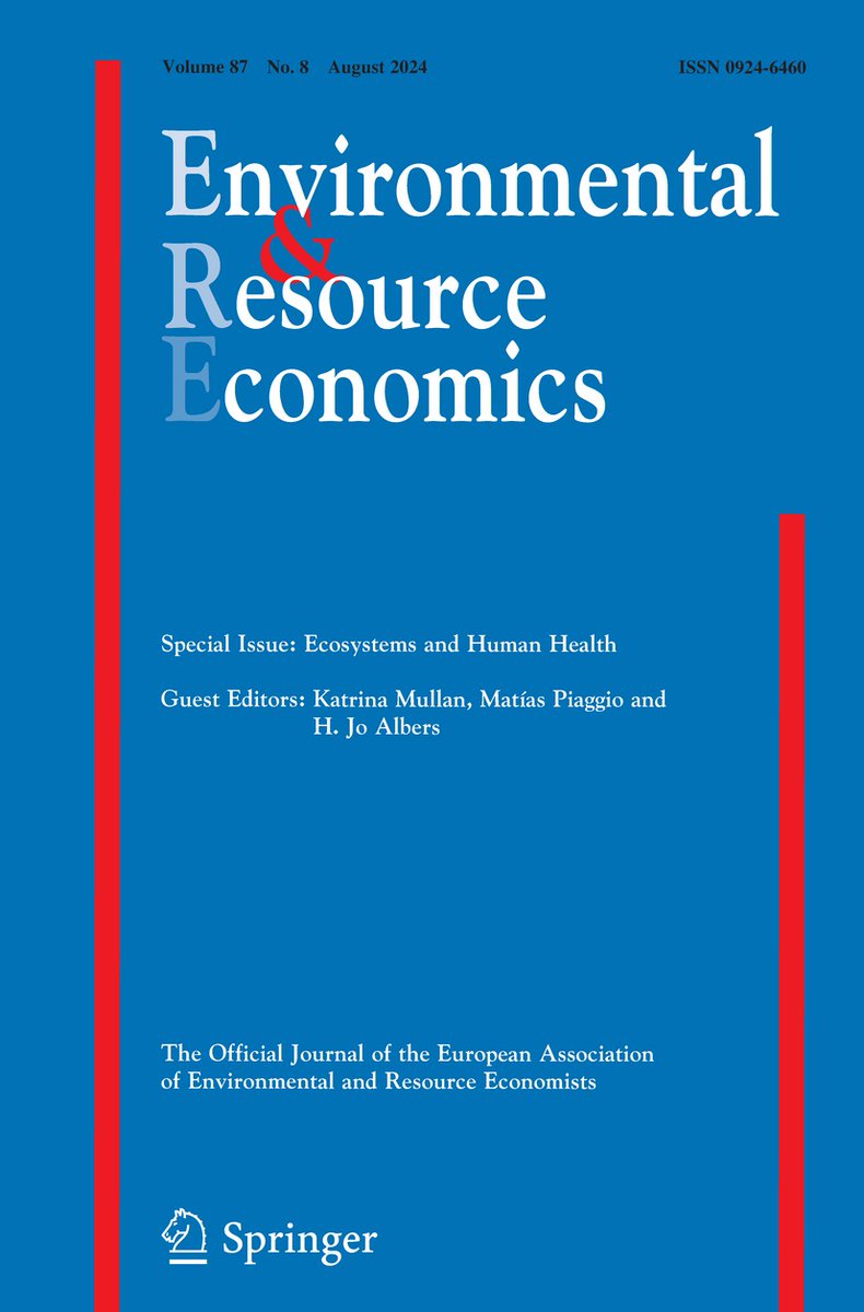 🔔New Special Issue in journal #Environmental and #ResourceEconomics ‘Ecosystems and Human Health' with Issue Editors Katrina Mullan, Matías Piaggio &amp; H. Jo Albers. Free online access till 8 October 2024! Read here: link.springer.com/journal/10640/…