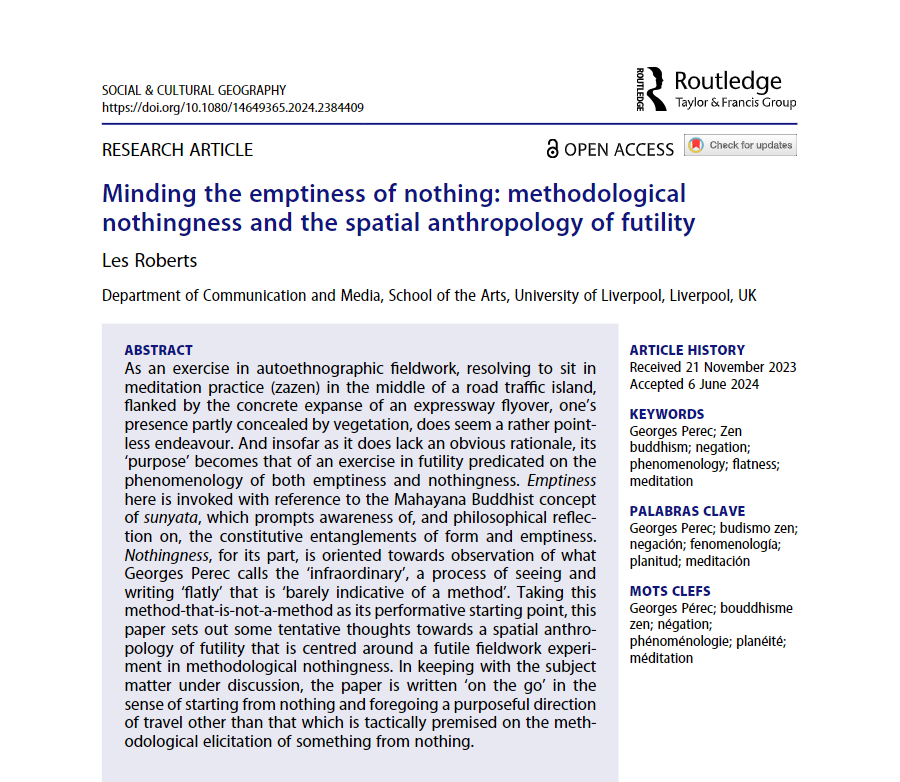 Thomas Dekeyser (@thomasdekeyser) on Twitter photo The 1st article in our 'Geography & Nothingness' special issue (<a href="/SocCultGeog/">SCGeog Journal</a>) is now out. L Roberts proposes sitting with futility as a way of "being alert to what continually falls away and reconstitutes itself therein."
tandfonline.com/doi/pdf/10.108… The 1st article in our 'Geography & Nothingness' special issue (<a href="/SocCultGeog/">SCGeog Journal</a>) is now out. L Roberts proposes sitting with futility as a way of "being alert to what continually falls away and reconstitutes itself therein."
tandfonline.com/doi/pdf/10.108…