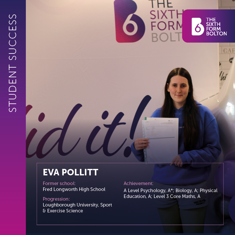 thesixthformB6's tweet photo. 🌟 STUDENT SUCCESS 🌟
Former @FredLongworth student, Eva, achieved A*, A, A, A in A Level Psychology, Biology, Physical Education and Core Maths and is now studying Sport and Exercise Science at @lborouniversity.
#B6Success https://t.co/g0o7zKwKjO