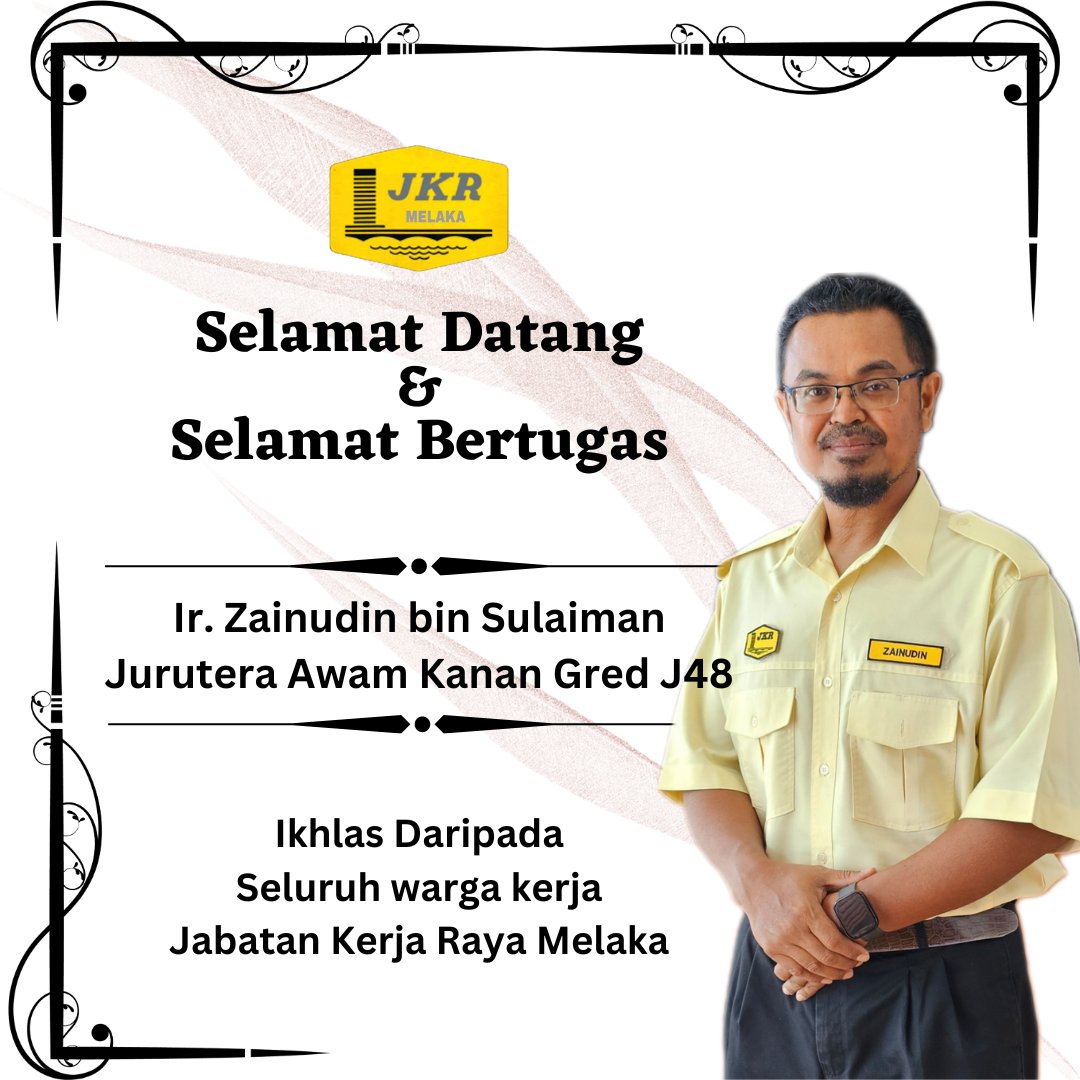 Pengarah Kerja Raya Melaka Tuan Ir. Hj. Mohamad Salzeli Moktar menerima Pegawai yang baru melapor diri dan ditempatkan di JKR Melaka.

Ir. Zainudin bin Sulaiman, Jurutera Awam Kanan Gred J48 akan menjalankan tugas sebagai Jurutera Awam Kanan Rekabentuk Awam &amp; Struktur.