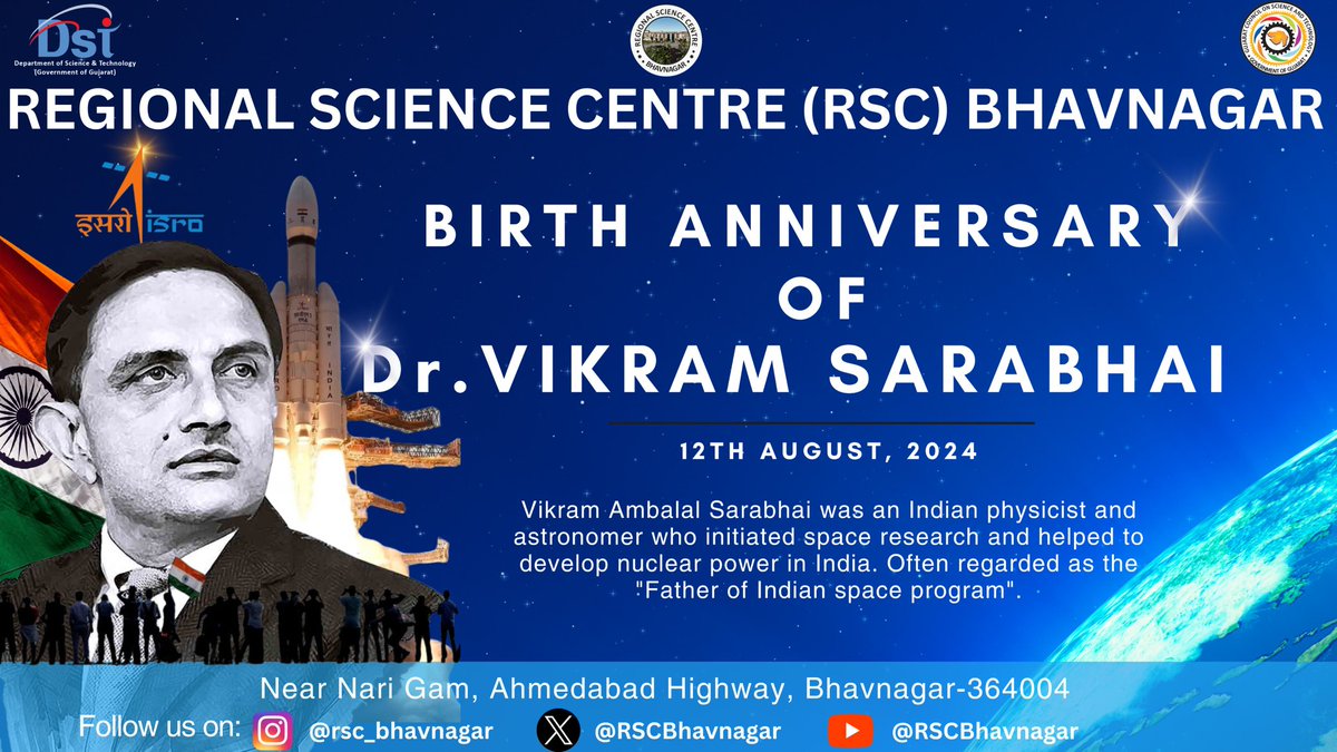 ManishaK9944's tweet image. Remembering Dr. Vikram Sarabhai, father of India's #spaceprogramme, on his birth anniversary! His vision and #contribution to #Indianspace exploration continues to #Inspired us. This birth anniversary celebration at @RSCBhavnagar  is a #reminder of his great work.