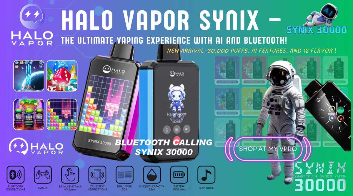 Try the Halo Vapor Synix 30K Puffs Disposable!  Enjoy 30,000 puffs,  28mL e-liquid, Bluetooth, AI Chat, and a 5% nicotine strength. Available in  12 flavors. Elevate your vape now!  #