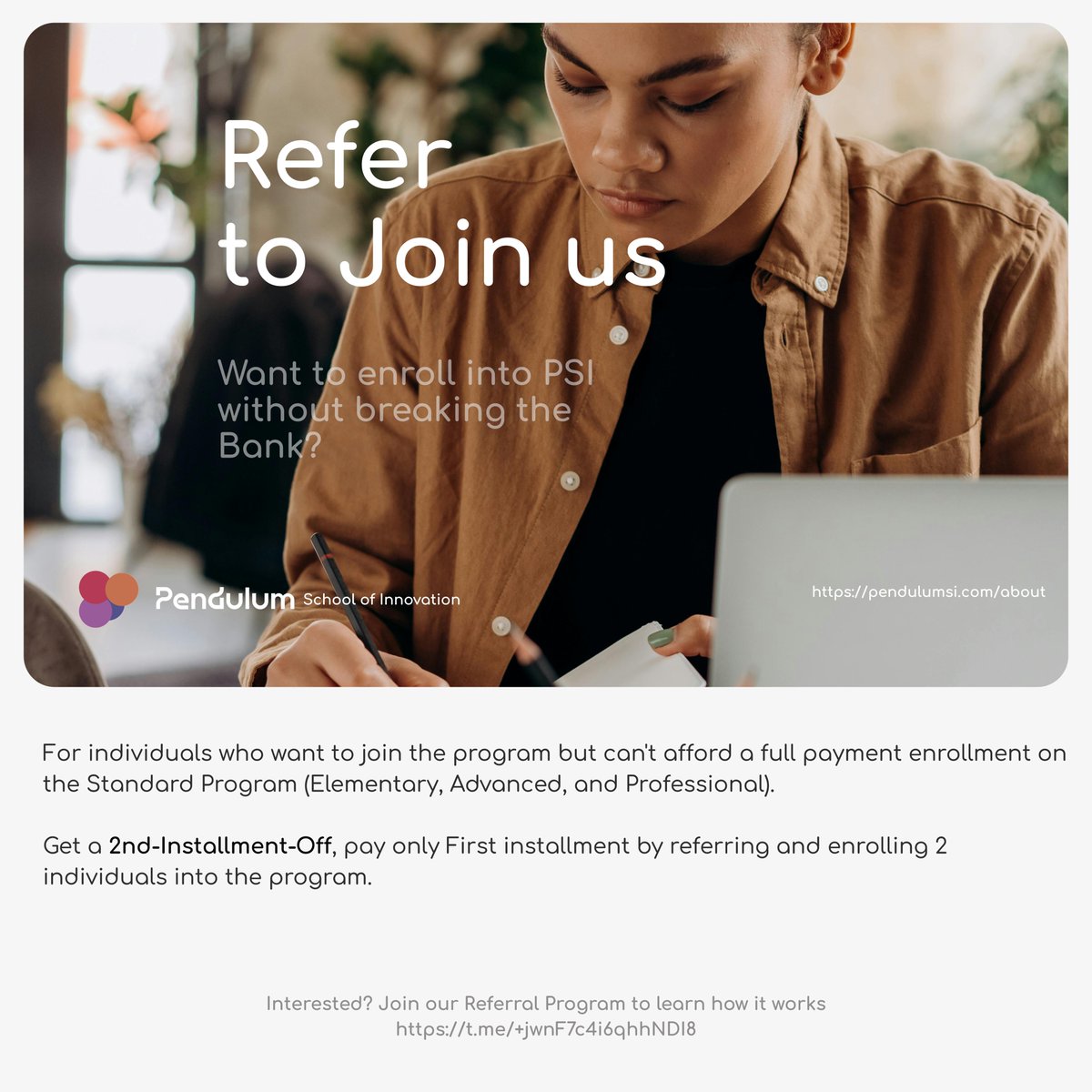 pendulum_psi's tweet photo. You don't have to break the bank to join us. Join our referral program today to start learning or earning. https://t.co/NQFHYXWP5s

August Cohort already happening. Enroll today

#referral #Program #pendulumschoolofinnovation https://t.co/FshRJoPSWl