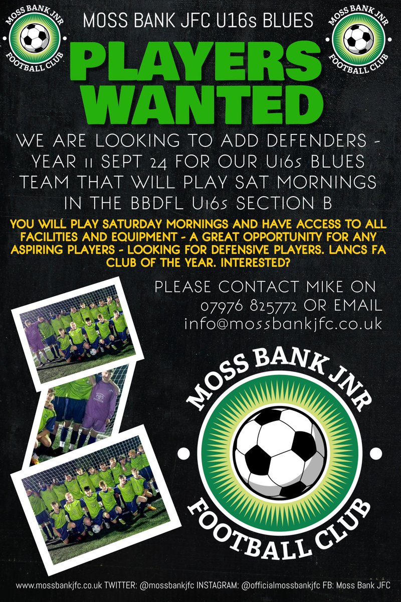 #MossBankJFC our U16s Blues - Year 11 Sept 24 are looking to add defenders to their team that play in the <a href="/OfficialBBDFL/">Bolton, Bury & District Football League</a> Section B - You looking for a new challenge? Interested? Contact Mike <a href="/tommo2810/">mike thompson</a> on 07976 825772 ⚽️🟢🔵 #upthebank