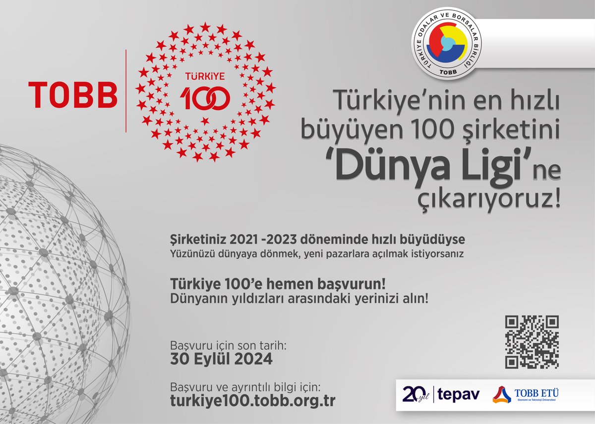 Türkiye'nin en hızlı büyüyen 100 şirketini 'Dünya Ligi'ne çıkarıyoruz !    

Yüzünüzü dünyaya dönmek, yeni pazarlara açılmak istiyorsanız Türkiye 100'e hemen başvurun!    

Son başvuru tarihi: 30 Eylül 2024   Başvuru ve detaylar için⤵️ 
turkiye100.tobb.org.tr
