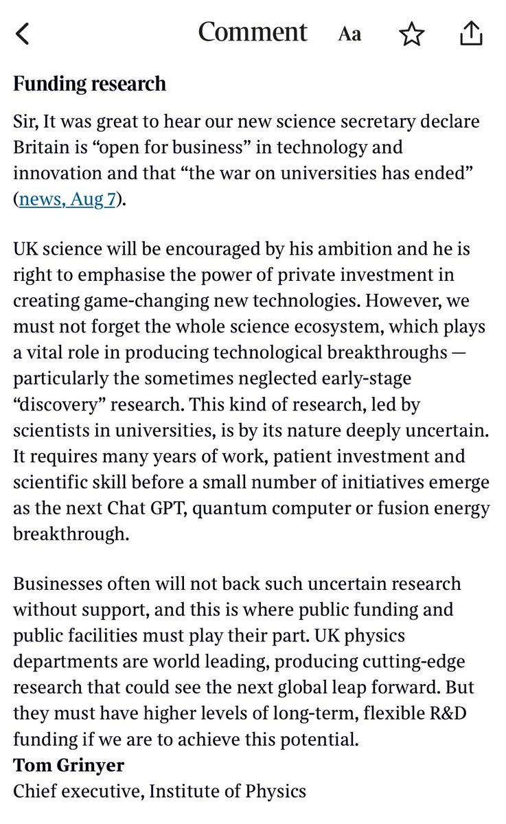 Tom Grinyer (@tomgrinyer) on Twitter photo In response to @RSylvesterTimes excellent interview with <a href="/peterkyle/">Peter Kyle</a> in <a href="/thetimes/">The Times and The Sunday Times</a> I write in today’s letters page on behalf of IOP <a href="/PhysicsNews/">Institute of Physics</a> on the importance of the whole science ecosystem working together; public, private and universities In response to @RSylvesterTimes excellent interview with <a href="/peterkyle/">Peter Kyle</a> in <a href="/thetimes/">The Times and The Sunday Times</a> I write in today’s letters page on behalf of IOP <a href="/PhysicsNews/">Institute of Physics</a> on the importance of the whole science ecosystem working together; public, private and universities
