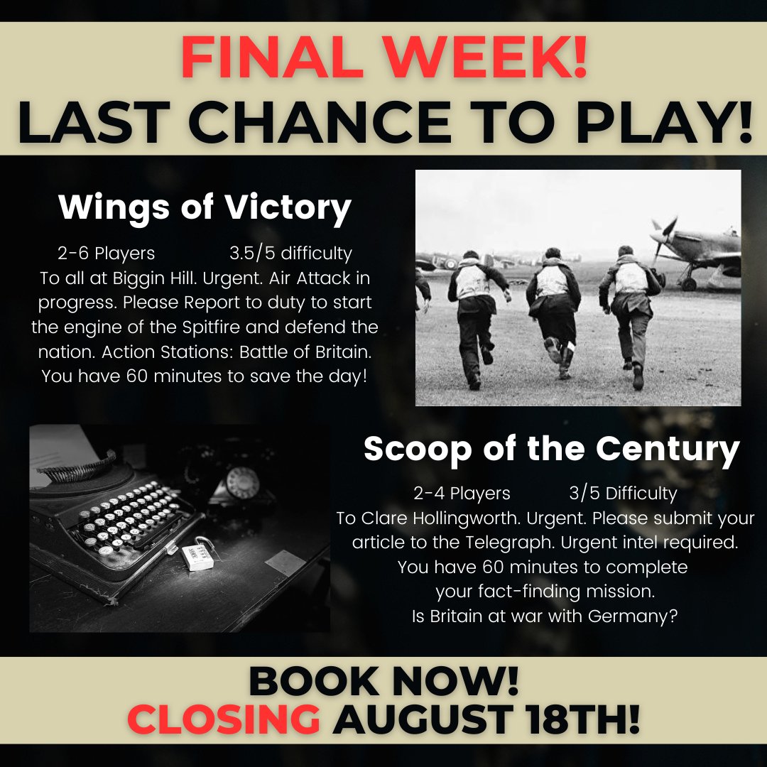 operationesc's tweet photo. ESCAPE ROOM GAMES CLOSING! We are moving venue and saying goodbye to our current games! Book now before it's too late🌟⁠
⁠
💻 https://t.co/g7VA9jAajS⁠
☎️ 07752 110 363⁠ https://t.co/RznTVC7bwZ