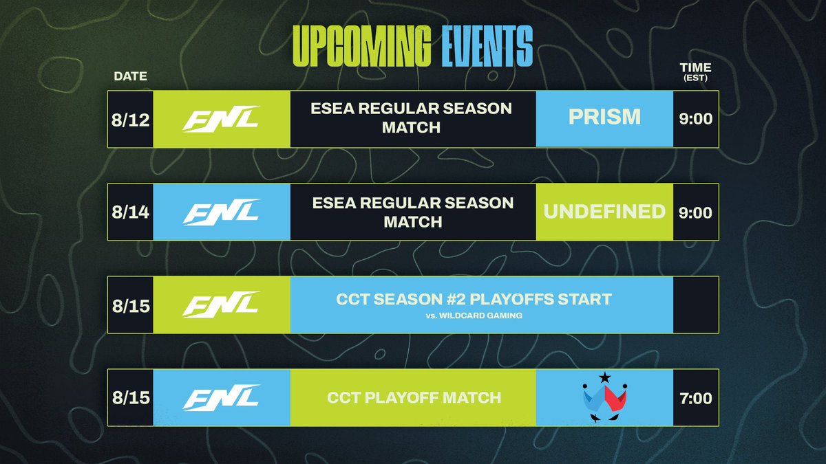 FNLCommunity's tweet photo. ⚡️Big week for the Final Form Family. 

#FNLCS has some big matches this week as they look to continue their top performance in @ESEA and make a deep run in the @cctour_gg Playoffs. 🏆

What do you have planned for this week? 🙏

#FNLgg | #ReachYourFinalForm https://t.co/Kpo2VLpKpA