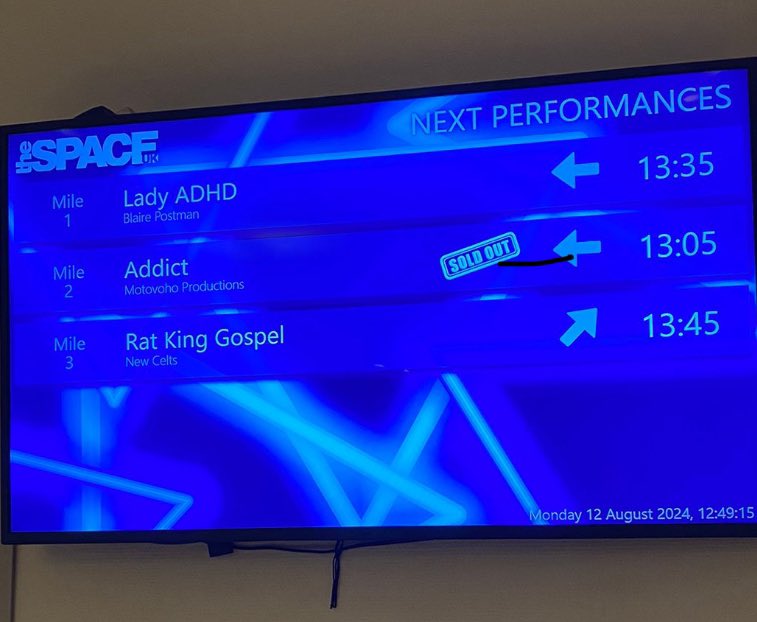 “Sold Out” - always good to see :-) !
We still have some availability this week for ADDICT - hope to see you at #thespaceonthemile venue 39 ! - show time 13.05 daily. 
🎭
tickets.edfringe.com/whats-on/addict
#edfringe #addicttheplay #edinburghfringe