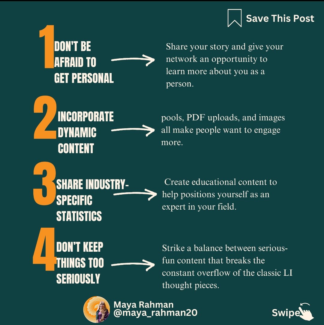 mayarahman30's tweet photo. 💡 Ready to start posting on LinkedIn? Here are 4 tips to get you going: Get personal, share dynamic content, use industry stats, and don’t forget to keep it fun! 🎯✨

DM me "Social Media Marketing" For My Services📩

 #LinkedInTips  #linkedinprofile #linkedinconnections https://t.co/e4BMdfQD3h