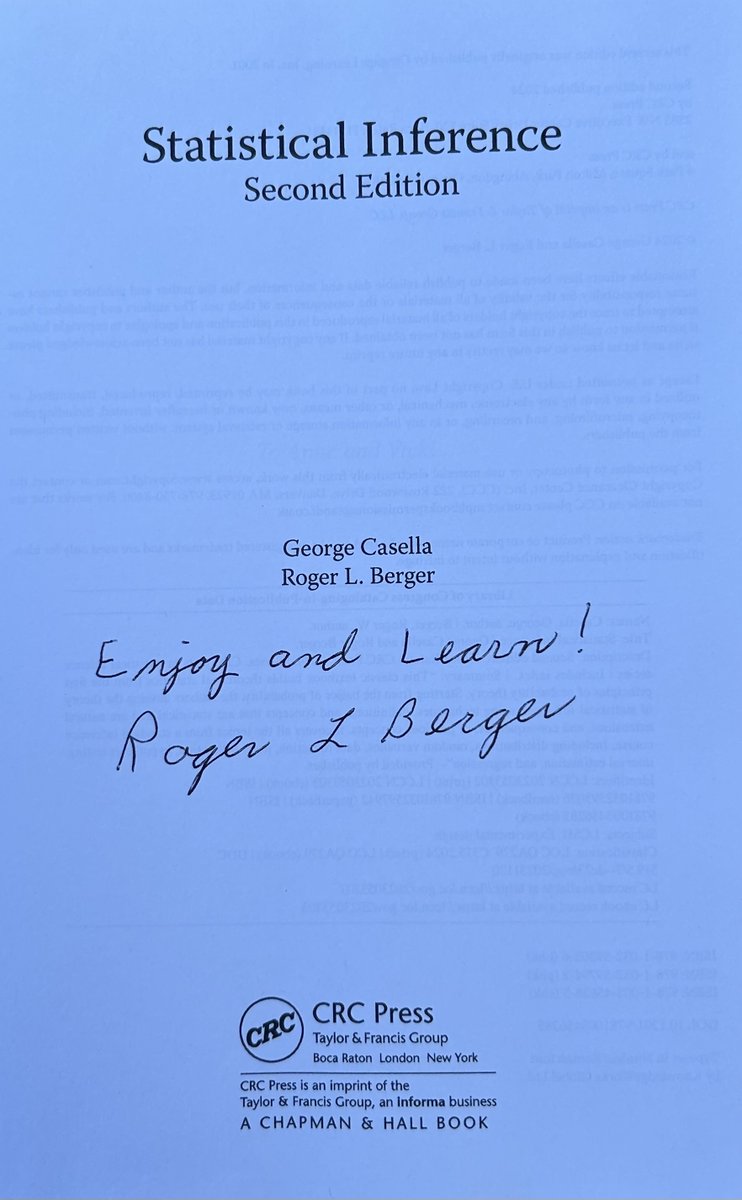 Rob Calver (@robcalver5) on Twitter photo In celebration of its republication by <a href="/CRC_MathStats/">CRC Press Data Science, Stats, and Math Books</a>, we are giving away a signed copy of this classic textbook by Casella and Berger. Just like, repost, and follow me by Thursday 15th August to be in with a chance of winning! Enjoy and learn! #Statistics #DataScience #JSM2024 In celebration of its republication by <a href="/CRC_MathStats/">CRC Press Data Science, Stats, and Math Books</a>, we are giving away a signed copy of this classic textbook by Casella and Berger. Just like, repost, and follow me by Thursday 15th August to be in with a chance of winning! Enjoy and learn! #Statistics #DataScience #JSM2024