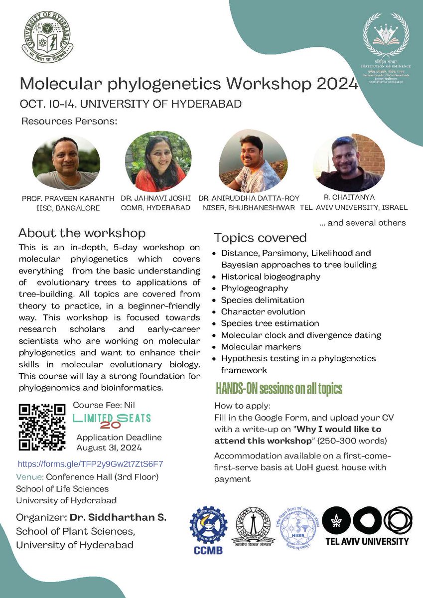 We are back in Hyderabad! This year, the Molecular Phylogeny Workshop is happening at the University of Hyderabad from Oct 10-14, 2024. If you want to learn the basics of molecular phylogenetics and its applications, please do apply!