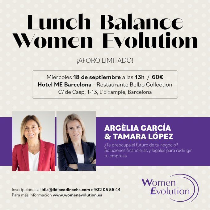 Tamara Lopez Puertas (@tamlopezpuertas) on Twitter photo ¿Te preocupa el futuro de tu negocio? El 18 de septiembre, mi socia <a href="/argeliagarciaf/">Argelia Garcia</a> y yo estaremos en el webrunch organizado por <a href="/WomenBcn/">Women Evolution</a>, en el que abordaremos las principales claves financieras y legales para redirigir el futuro de tu negocio.
Info: womenevolution.es/lunch-con-arge… ¿Te preocupa el futuro de tu negocio? El 18 de septiembre, mi socia <a href="/argeliagarciaf/">Argelia Garcia</a> y yo estaremos en el webrunch organizado por <a href="/WomenBcn/">Women Evolution</a>, en el que abordaremos las principales claves financieras y legales para redirigir el futuro de tu negocio.
Info: womenevolution.es/lunch-con-arge…