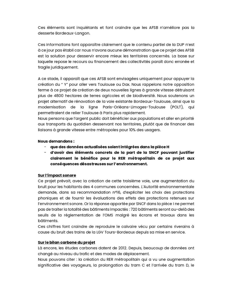 Nous avons choisi de faire une contribution à l’enquête publique environnementale concernant le projet d’Aménagements Ferroviaires au Sud de Bordeaux (#AFSB), avec différentes observations sur :

💰 L’impact financier 
🚉 L’offre de dessertes
🌳L’environnement et la biodiversité
