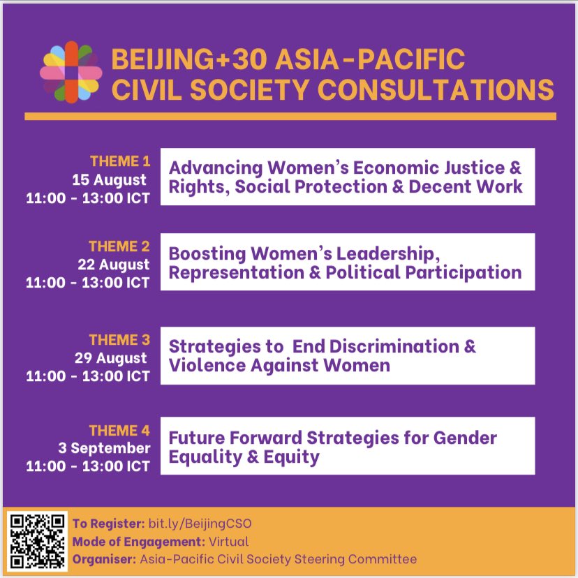 As #Beijing30 CSO Asia-Pacific Steering Committee Members, we're excited to invite #women &amp; #youth civil society to draft a roadmap with us for advancing human rights &amp; #GenderEquality, &amp; advocating for our demands with Member States, UN institutions, corporations &amp; stakeholders.