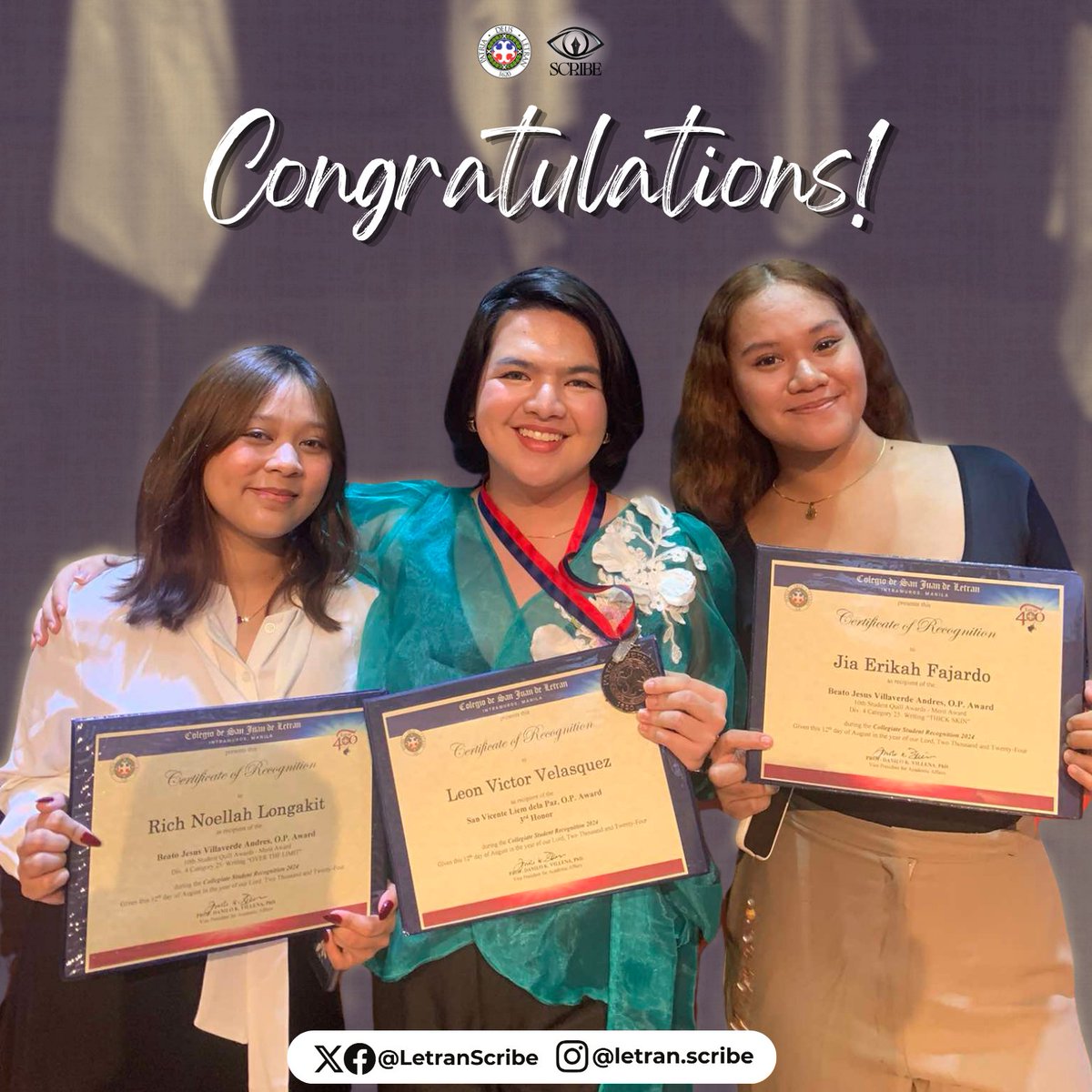 LetranSCRIBE's tweet photo. 𝐉𝐎𝐔𝐑𝐍𝐎𝐒 𝐎𝐍 𝐓𝐇𝐄 𝐑𝐈𝐒𝐄 📷

The SCRIBE Journalism Society congratulates members awarded at the Collegiate Recognition 2024 earlier today, at Colegio de San Juan de Letran - Manila.  

 #ScribeJournalismSociety
#InSCRIBETheTruth
#VeritasEtVeritus
#DSATogether https://t.co/lX5HmDsI6e