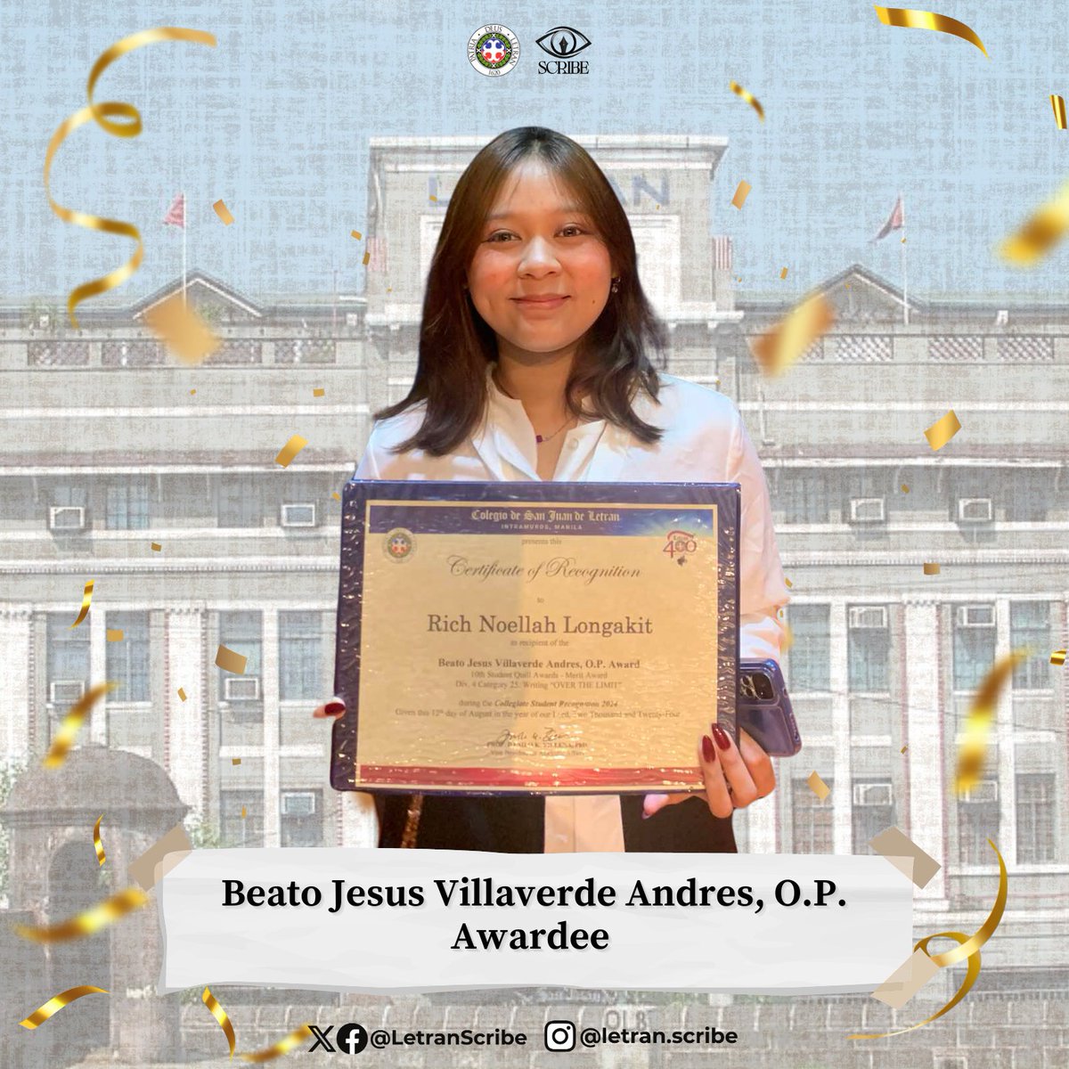 LetranSCRIBE's tweet photo. 𝐉𝐎𝐔𝐑𝐍𝐎𝐒 𝐎𝐍 𝐓𝐇𝐄 𝐑𝐈𝐒𝐄 📷

The SCRIBE Journalism Society congratulates members awarded at the Collegiate Recognition 2024 earlier today, at Colegio de San Juan de Letran - Manila.  

 #ScribeJournalismSociety
#InSCRIBETheTruth
#VeritasEtVeritus
#DSATogether https://t.co/lX5HmDsI6e