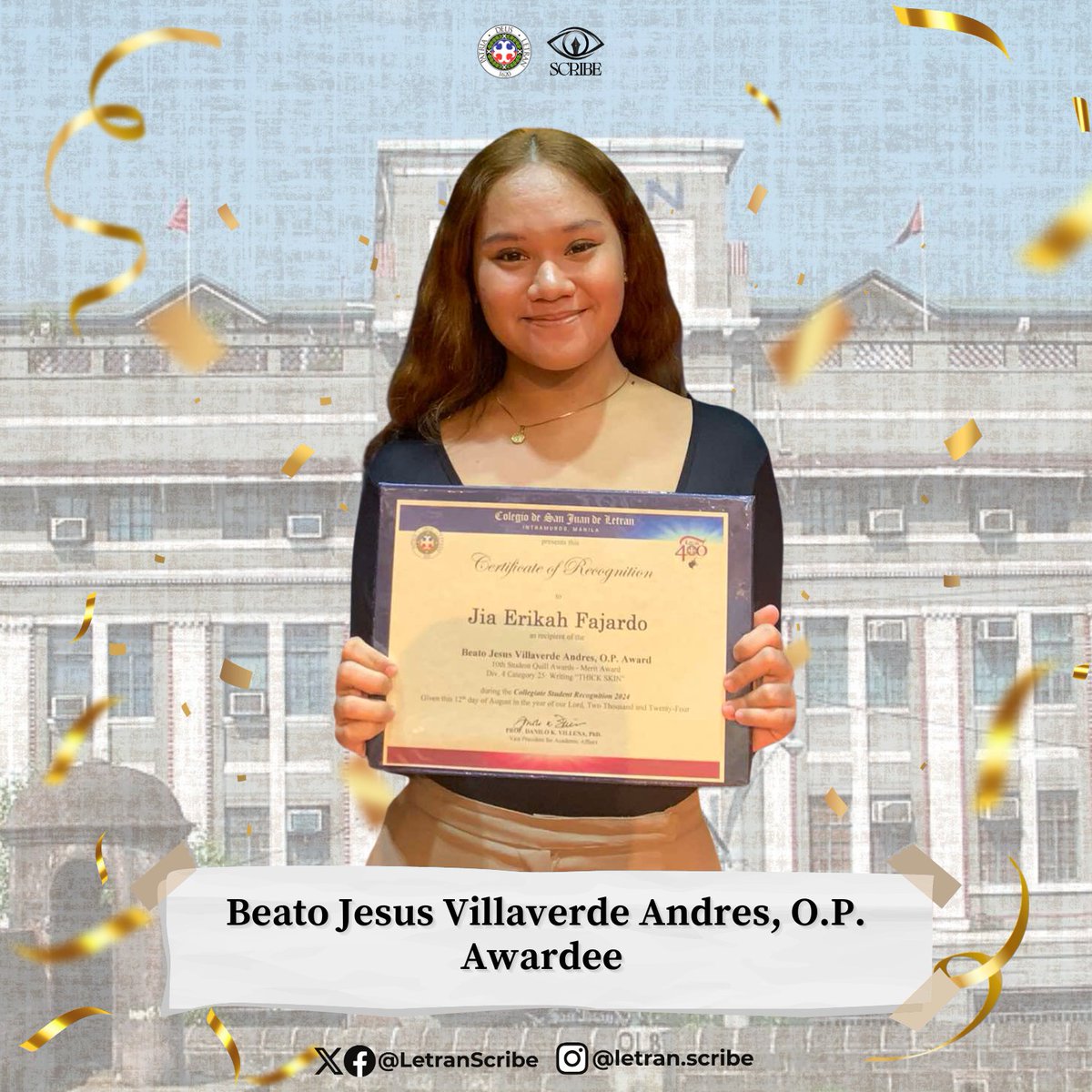 LetranSCRIBE's tweet photo. 𝐉𝐎𝐔𝐑𝐍𝐎𝐒 𝐎𝐍 𝐓𝐇𝐄 𝐑𝐈𝐒𝐄 📷

The SCRIBE Journalism Society congratulates members awarded at the Collegiate Recognition 2024 earlier today, at Colegio de San Juan de Letran - Manila.  

 #ScribeJournalismSociety
#InSCRIBETheTruth
#VeritasEtVeritus
#DSATogether https://t.co/lX5HmDsI6e