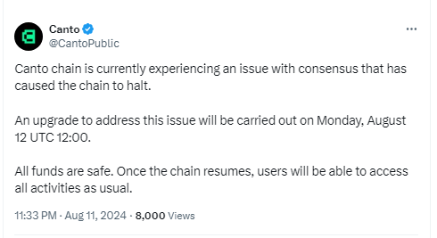 CyversAlerts's tweet photo. 🚨ALERT🚨@CantoPublic has announced yesterday that chain is currently facing a consensus issue that has resulted in a temporary halt.
A fix is scheduled for Monday, August 12 at 12:00 UTC. 
Protocol stated that all funds are safe.
The chain will resume normal operations soon after the upgrade!
Read more👇
https://t.co/feQFwsf4ne

Want to keep your company off our alerts radar? Learn how to secure your assets: Book a Demo 🚀 https://t.co/qYomYZUVB1
#CyversAlert