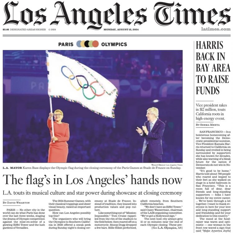 TheoLaubry's tweet photo. A la Une du LaTimes du jour, le grand quotidien de Los Angeles, des interrogations, un constat et une piste: 

« Aucune autre ville au monde ne peut faire ce que Paris a fait au cours des trois dernières semaines (…) Les Jeux d'été de 2024 ont soulevé une question importante: comment Los Angeles peut-il surpasser cela ? (…) Après avoir regardé Paris de près, Wasserman - président du comité organisateur LA28 - sait qu'il ne peut pas reproduire les Jeux olympiques de ces dernières semaines. "Les Jeux de 2024 ont été authentiquement français et parisiens", a-t-il déclaré. "Alors les Jeux de 2028 seront authentiquement à Los Angeles."
