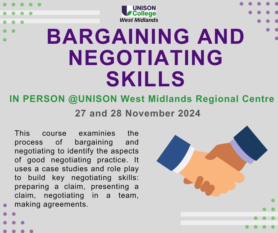 learninunisonwm's tweet photo. #UNISON Activists in West Midlands! Sign up to this NEW COURSE below! It examines the process of bargaining and negotiating and develops key negotiating skills.

https://t.co/22Bt8MOv6m

#Monday https://t.co/xqHcpxJbNC