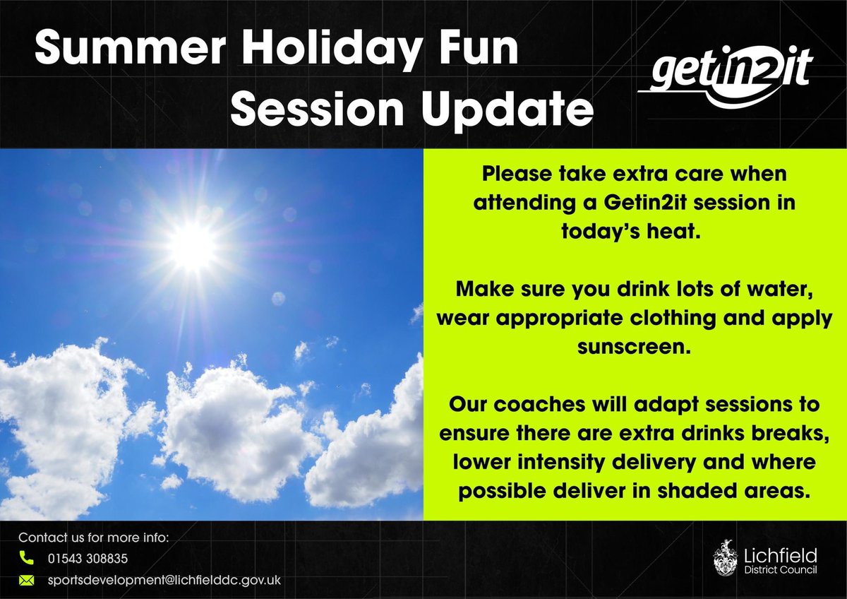 Getin2itLDC's tweet image. ❗️ #Getin2it Summer Holiday Fun Session Update ❗️

#activelichfielddistrict #ActiveCommunities #Lichfield #Burntwood