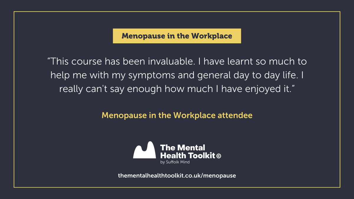 The Mental Health Toolkit by Suffolk Mind (@tmhtoolkit) on Twitter photo We've had some fab feedback following <a href="/SuffolkMind/">SuffolkMind</a>'s Menopause & Me course last week with @SuffolkLibrary. 💛
We also offer #MenopauseintheWorkplace courses that are ideal for organisations who want to learn skills to support colleagues.
➡️ thementalhealthtoolkit.co.uk/course/menopau… We've had some fab feedback following <a href="/SuffolkMind/">SuffolkMind</a>'s Menopause & Me course last week with @SuffolkLibrary. 💛
We also offer #MenopauseintheWorkplace courses that are ideal for organisations who want to learn skills to support colleagues.
➡️ thementalhealthtoolkit.co.uk/course/menopau…