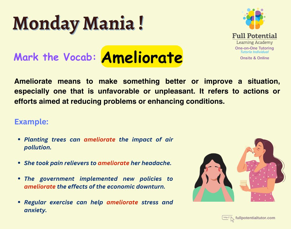 FPLAUSA's tweet image. Word of the Day: Ameliorate. Take steps to make things better! 💪 
#LearnEveryDay #BoostYourVocab #QuickLearning #WordNerd #Ameliorate #FPLA #Miami