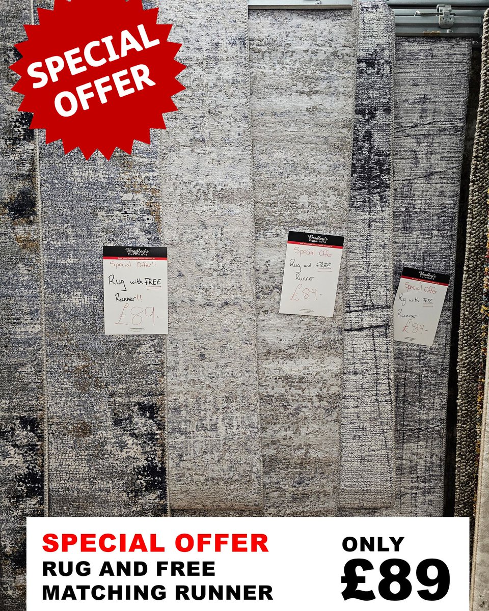 Bradleys_Furn's tweet photo. Don't miss our special offer! Get a stylish rug and receive a FREE matching runner, all for just £89. This fantastic deal is perfect for instantly updating the look and feel of any room. 
.
#Magherafelt #MidUlster #BradleysFurniture https://t.co/wEHwAQ7k70