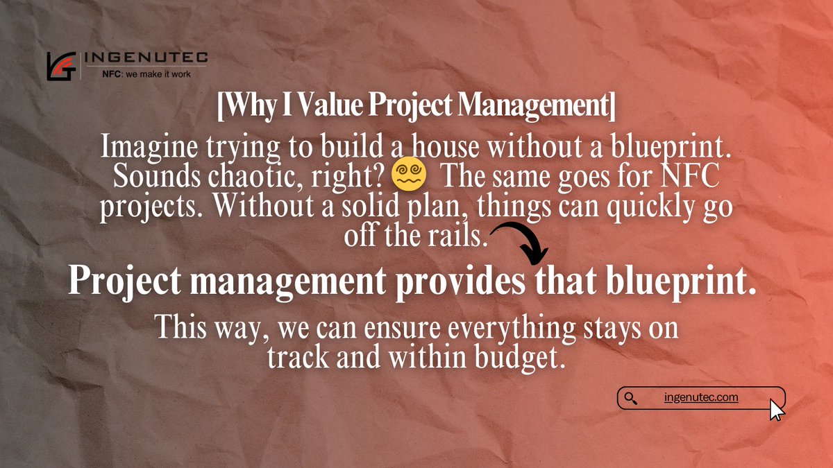 Ingenutec's tweet photo. Building a house without a blueprint? Chaotic. Same with NFC projects sans a plan. That’s why project management is crucial – keeping things on track and on budget. #ProjectManagement #NFC #Planning #Ingenutec https://t.co/pkmu6W8v8i