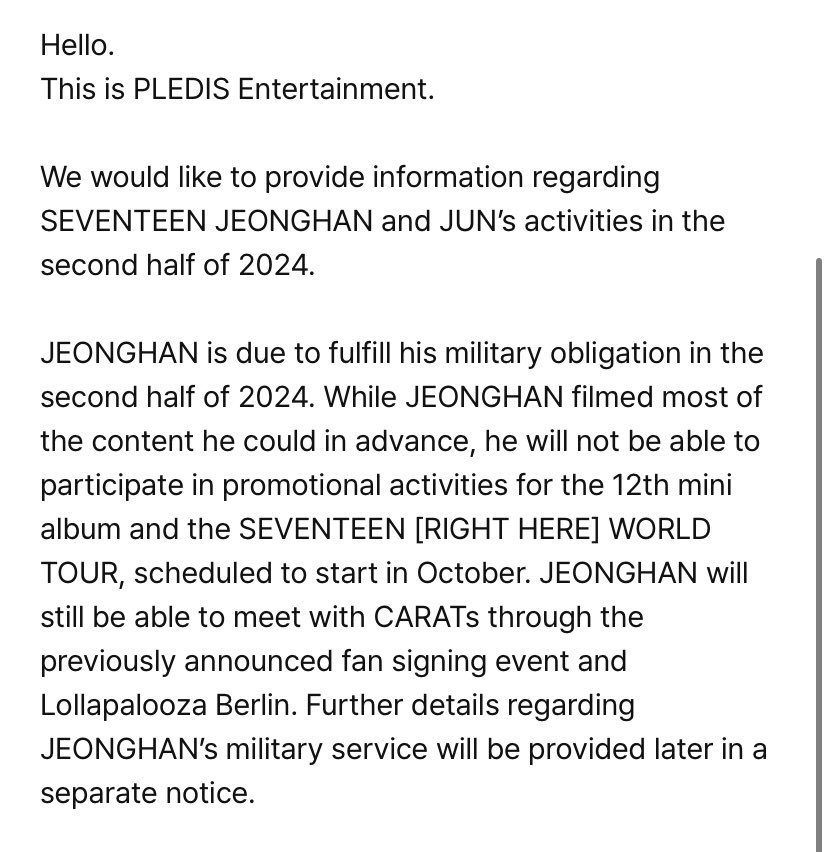 leesvt_'s tweet photo. jeonghan and jun won't be able to join in seventeen's activities at the second half of 2024 due to their personal schedules 🥹

jeonghan will fulfill his enlistment at the second half of this year while jun will pursue his acting career in china 😭 https://t.co/Kw5JzXBZsi