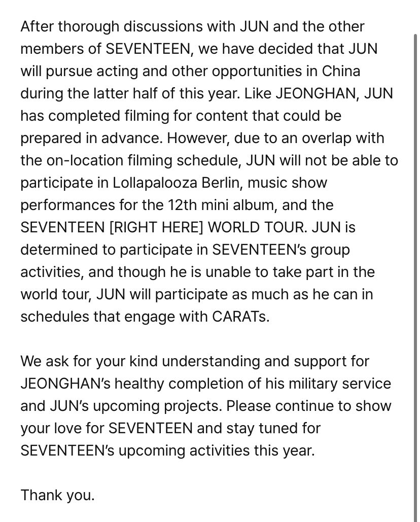 jeonghan and jun won't be able to join in seventeen's activities at the second half of 2024 due to their personal schedules 🥹

jeonghan will fulfill his enlistment at the second half of this year while jun will pursue his acting career in china 😭