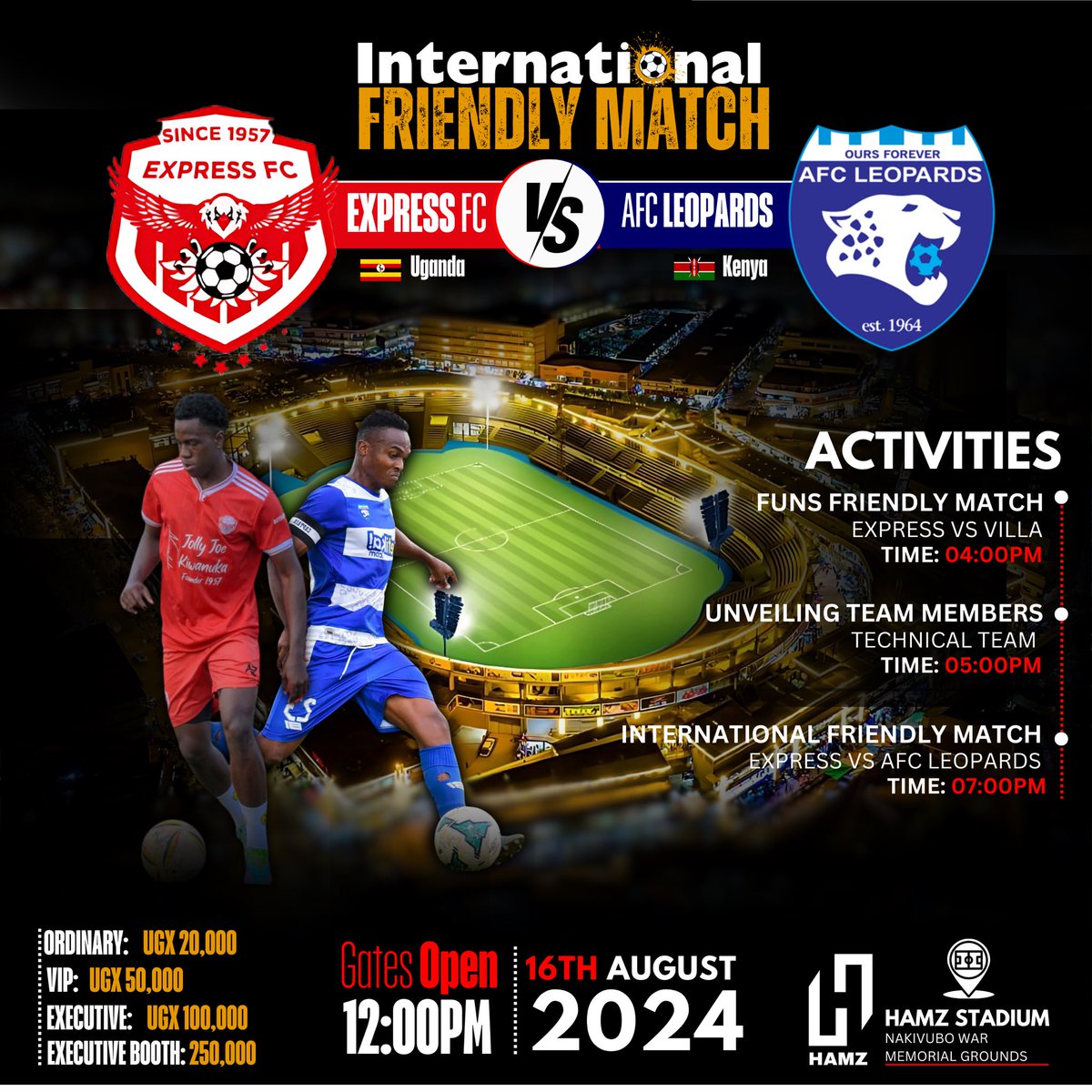HamzStadium's tweet photo. We are excited to host the upcoming international friendly match between @ExpressFCUganda and @AFCLeopards of Kenya this Friday.
Join us for an action-packed day filled with Express FC activities and support your favorite team!
#RedEaglesAtNakivubo | #MukwanoGwabangi π΄π¦
#hamz https://t.co/Z4l3QkxE0l