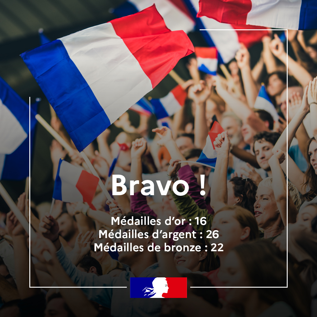 Clap de fin pour ces Jeux olympiques de #Paris2024 mémorables ! 🇫🇷

🏅 Avec 64 médailles dont 16 en or, l'#ÉquipeDesFrançais bat tous ses records et termine à la 5e place du classement.

📍 Rendez-vous mercredi 28 août pour le début des Jeux paralympiques.
