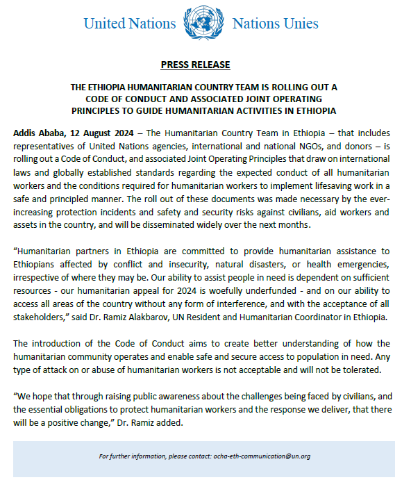 OCHA_Ethiopia's tweet photo. 📰PRESS RELEASE

🇪🇹 Humanitarian Country Team released a Code of Conduct to guide humanitarian activities in 🇪🇹. CoC aims to improve understanding of how humanitarian community operates &amp; enable safe &amp; secure access to populations in need ℹ️https://t.co/cjQn5mzFLl
@RamizAlakbarov https://t.co/LWKhBk5ZKd