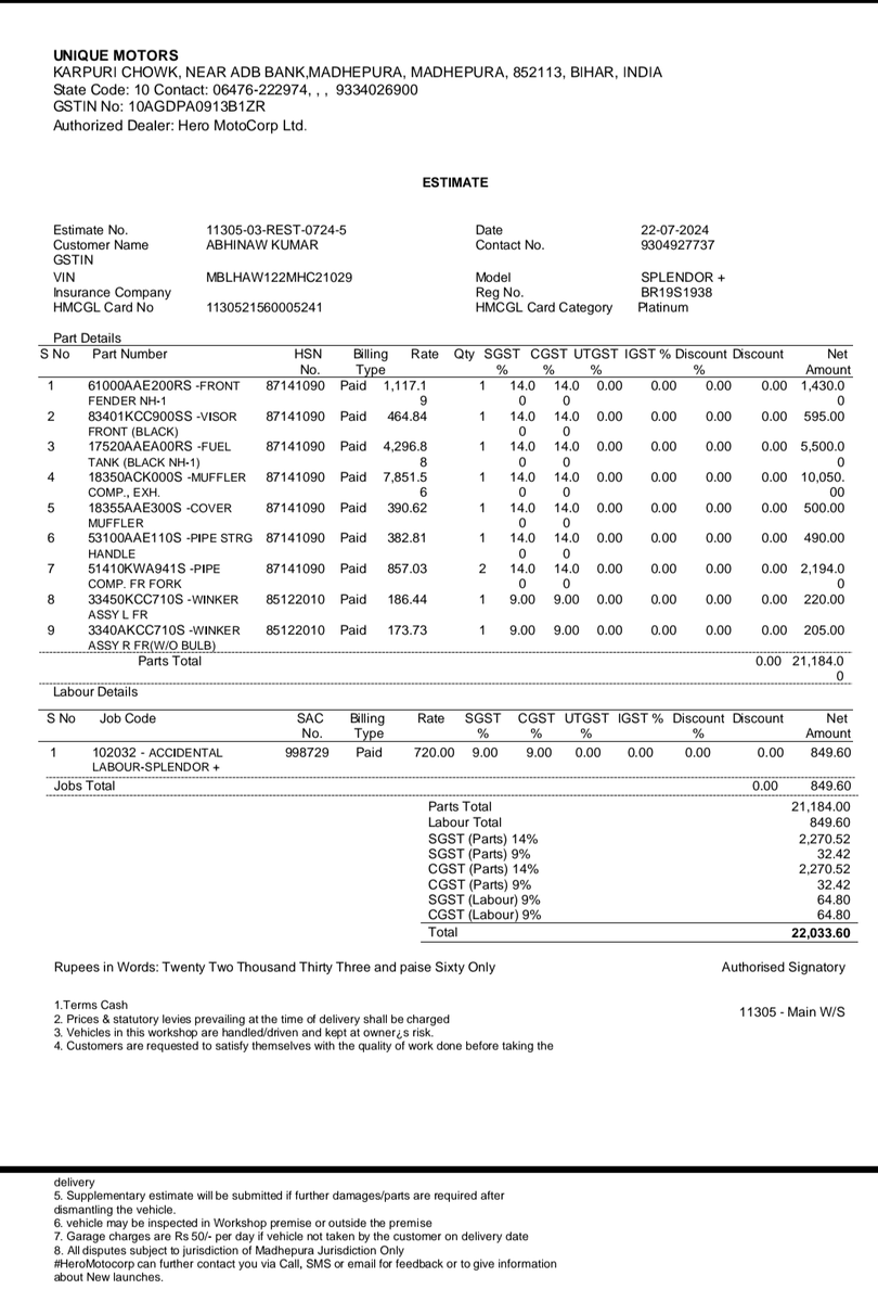 abhinawbirat's tweet photo. Last month I met with an accident on 18th. And when I made an insurance claim on my vehicle which was from Reliance General Insurance Company, I was rejected by the surveyor without even physically examining the motorcycle. @RelianceGenIn @ijournal @AmbaniHu @aajtak @ZeeNews https://t.co/V5D82kqBFn