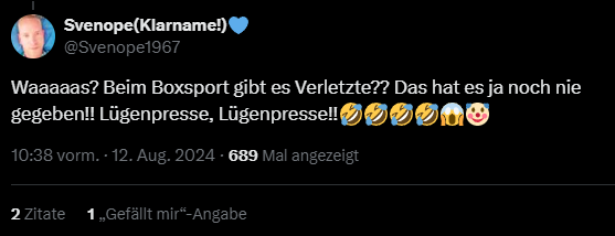 Sprachlos12's tweet image. Wie ich solche Lauchs liebe.

Da biete man ihnen an mal eine gemeinsame Runde im #Boxring zu drehen und die Reaktion ist immer so erwartbar wie langweilig.

Solche Tastaturkrieger haben eine große Fresse - bis sie dann mal im RL liefern sollen - dann kneifen sie - immer!

#XX