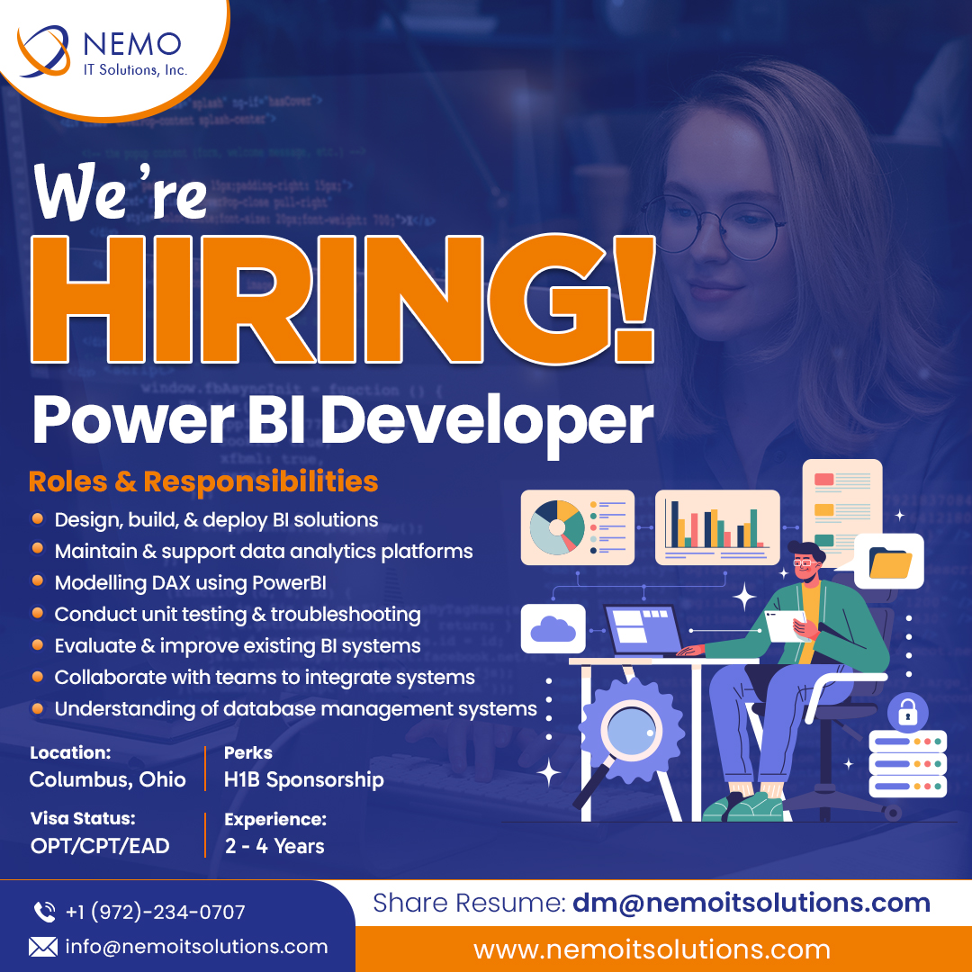 nemoitsolutions's tweet image. Role: Power BI Developer
Experience: 2 - 4 Years & Location - Columbus, Ohio
Visa - OPT/CPT/EAD 
Email Resume: dm@nemoitsolutions.com
.
.
.
.
#powerbi #powerbideveloper #powerbiengineer #powerbijobs #powerbihiring #usitjobs #optjobs #cptjobs #h1b #datanalysis #dataanalytics