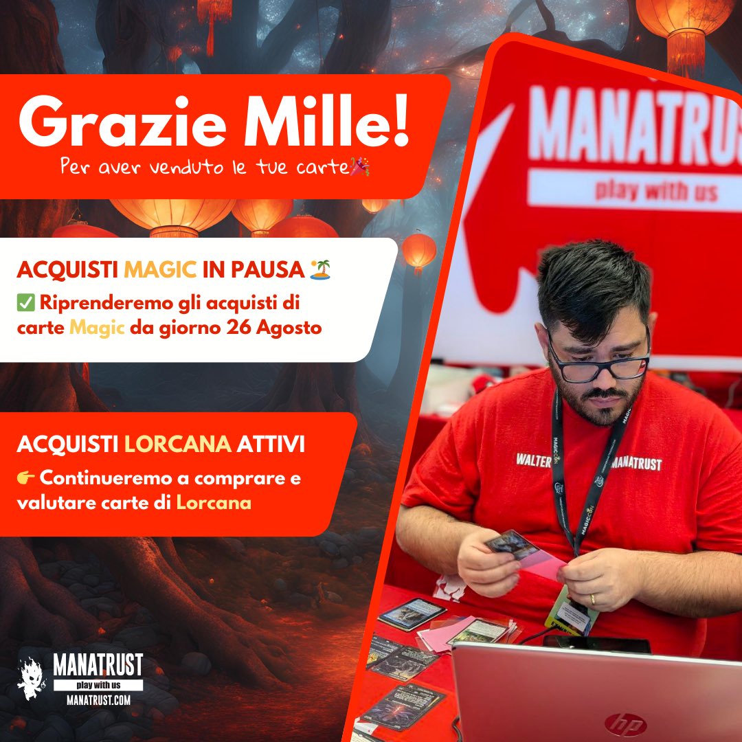 manatrust's tweet image. 🎉  𝗚𝗿𝗮𝘇𝗶𝗲 𝗺𝗶𝗹𝗹𝗲 𝗽𝗲𝗿 𝗮𝘃𝗲𝗿 𝘃𝗲𝗻𝗱𝘂𝘁𝗲 𝗹𝗲 𝘁𝘂𝗲 𝗰𝗮𝗿𝘁𝗲!

🏝 Acquisti di carte Magic sospesi fino al 26 Agosto.

👉 Nel frattempo, continueremo a comprare e valutare carte di Lorcana.

🧙‍♂️Per qualsiasi domanda o richiesta, siamo qui per te.

#manatrust