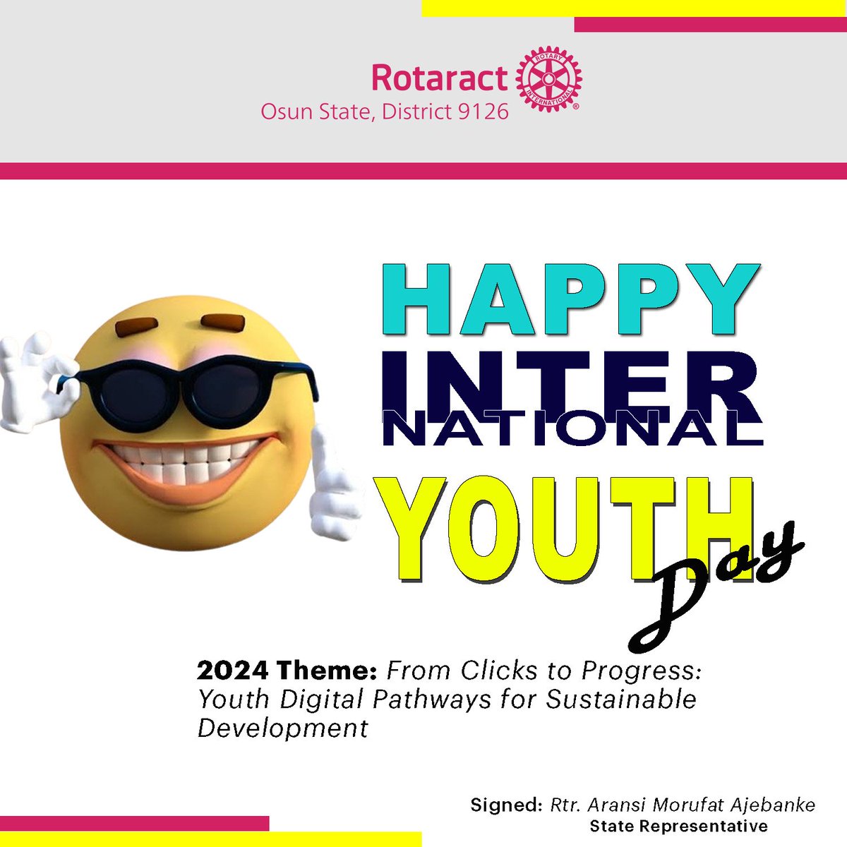 raczone3Osun's tweet image. OFFICE OF THE MEDIA AND PUBLICITY DIRECTOR, ZONE 3 OSUN STATE D9126 🇳🇬

Dear Rotaractors and Friends of The Family, 

Happy International Youth Day 2024 🥳

As youths, our inclusion in Digital Innovation is important to drive change and create solutions to global issues.