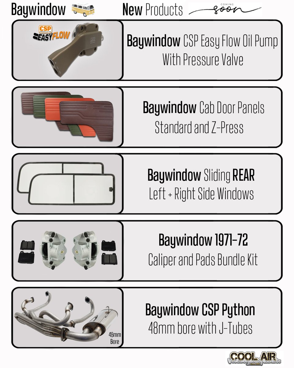 August New Product highlights for Baywindow Buses.
We've added hundreds of new parts this month for all vehicles. Check the website New Product section to check what's new, prices and ETA for new parts.
coolairvw.co.uk