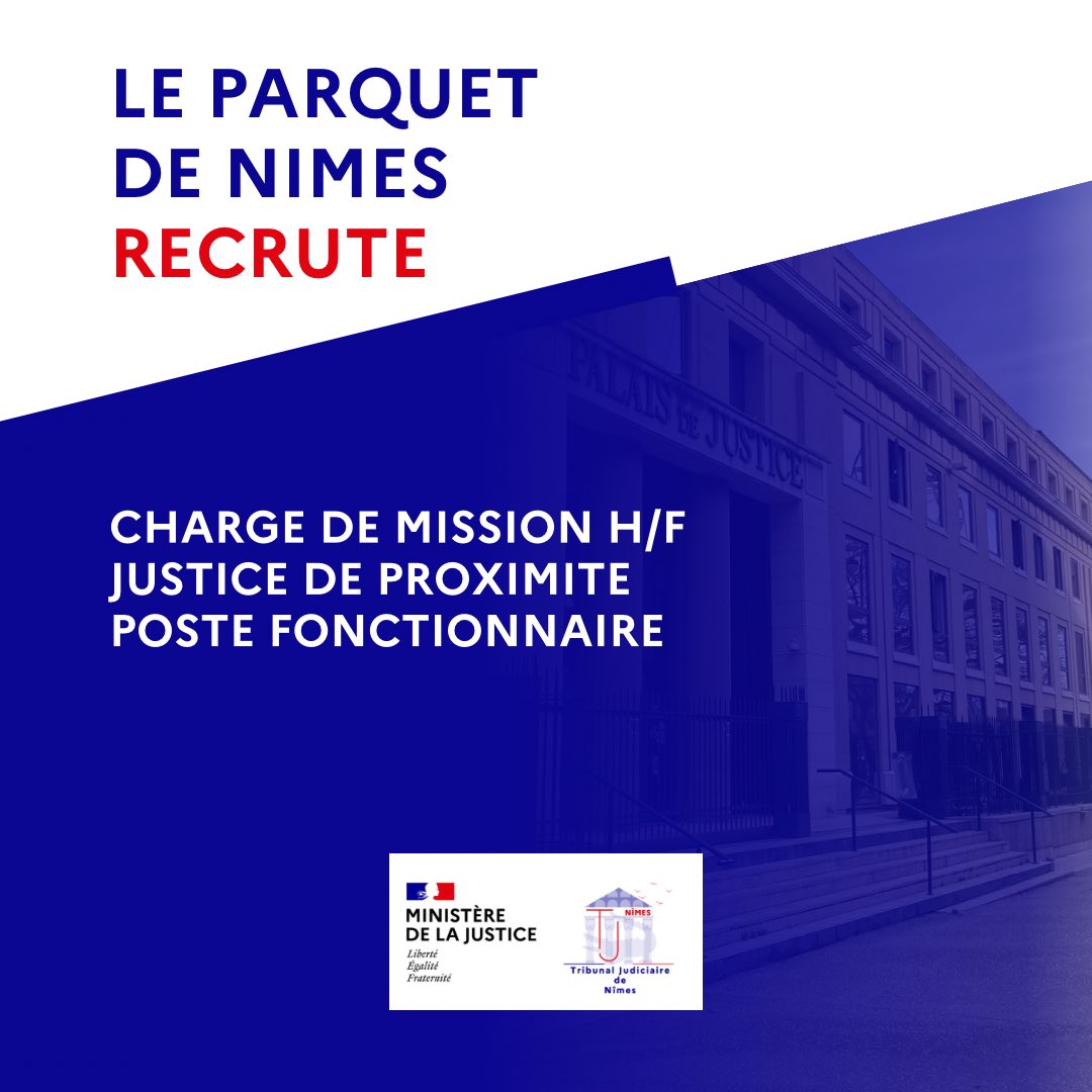 ProcureureNIMES's tweet photo. 📣Le parquet du tribunal judiciaire de Nîmes recrute !

Recrutement d’un/une chargé(e) de mission justice de proximité auprès de la procureure de la République, poste fonctionnaire, cadre, cat. A

Candidature 👉 https://t.co/11Oa6g8Gkz https://t.co/YiAiKkVOrL