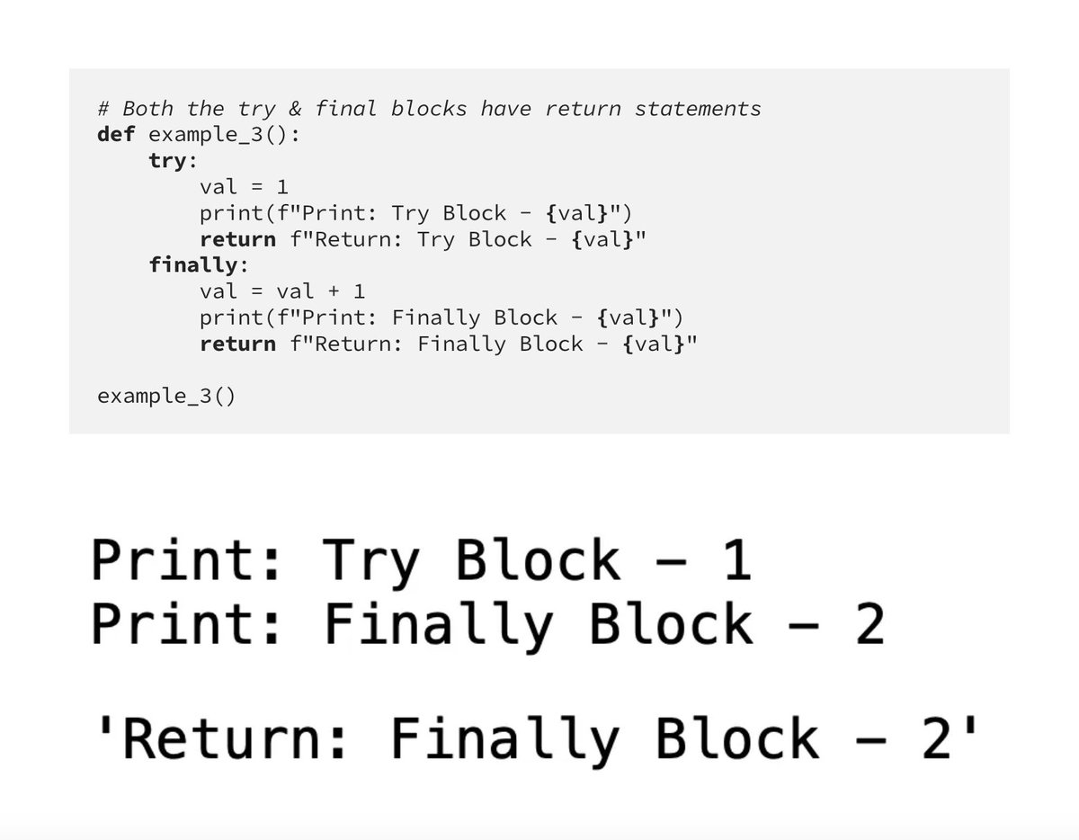 原來 Python 即使 try 中有 return
還是會先執行 finally

#TIL #小克程式TIL

Do You Really Understand Try &amp; Finally in Python? | by Aravind Ramalingam | Analytics Vidhya | Medium
medium.com/analytics-vidh…