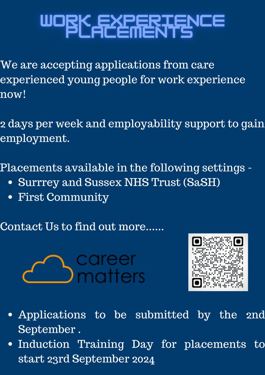 Career Matters (@careermattersuk) on Twitter photo New work experience programme in Surrey for care experienced (care leavers, #CEP) young people age 18-25 years old. Interested in a career in #Health and #socialcare ?
Career coaching and mentoring is provided by #THRIVE <a href="/CareerMattersUK/">Career Matters</a>
Contact the team for support....👇 New work experience programme in Surrey for care experienced (care leavers, #CEP) young people age 18-25 years old. Interested in a career in #Health and #socialcare ?
Career coaching and mentoring is provided by #THRIVE <a href="/CareerMattersUK/">Career Matters</a>
Contact the team for support....👇